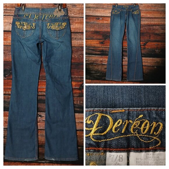 Dereon Jeans Size 7 8 Boot Cut Flare Low Rise Embellished Beyonce Vintage Y2K - Picture 1 of 9